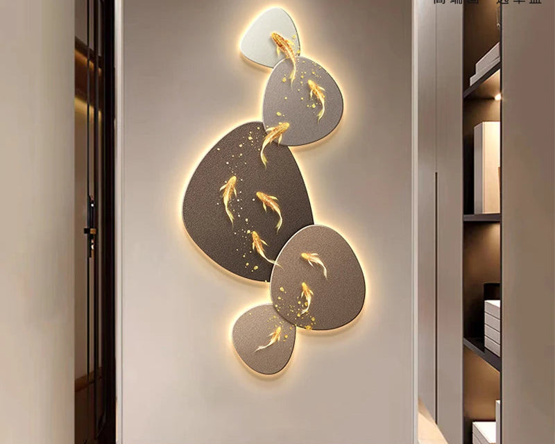 Luxury MC THE BLACK DIAMOND nine fish map lamp wall painting, luminous corridor mural, high-end hanging art decor.