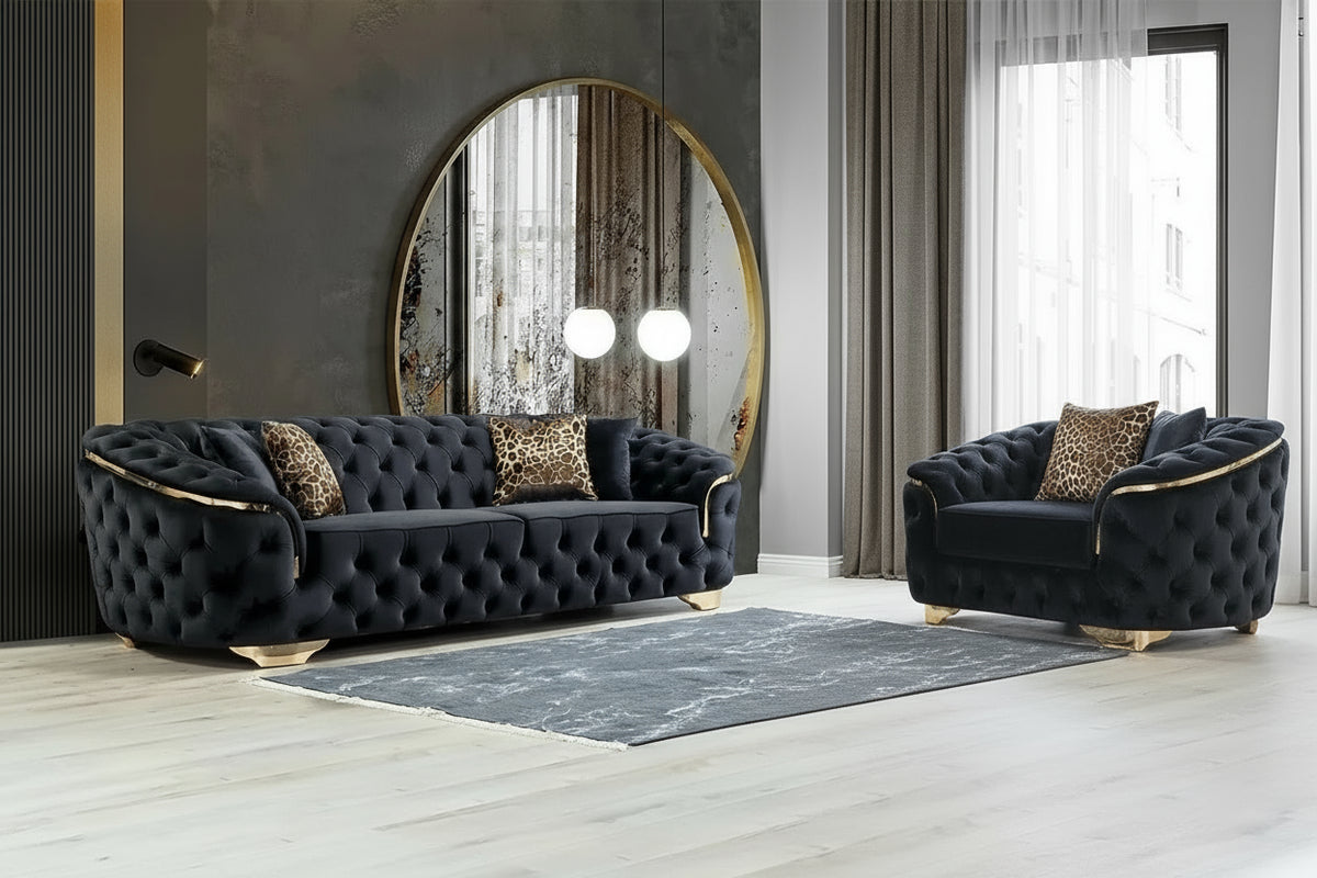 Black velvet 2-seater sofa from 𝕄𝕔 𝕋𝕙𝕖 𝔹𝕝𝕒𝕔𝕜 𝔻𝕚𝕒𝕞𝕠𝕟