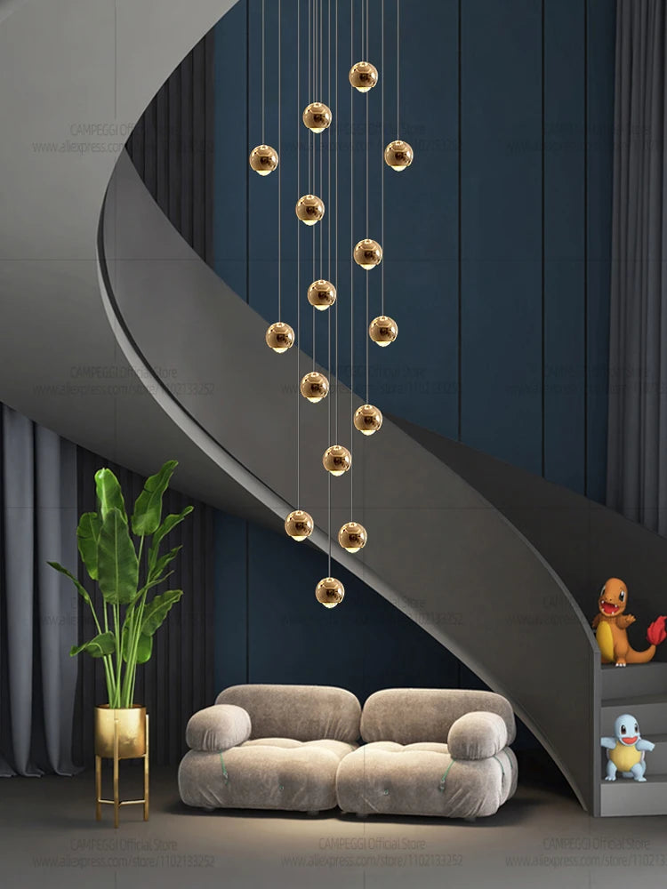 Modern MC THE BLACK DIAMOND LED staircase pendant light hanging in a living room with a sleek, contemporary design.