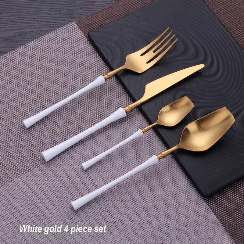 Matte stainless steel dinnerware set with black, gold, and silver finishes from 𝕄𝕔 𝕋𝕙𝕖 𝔹𝕝𝕒𝕔𝕜 𝔻𝕚𝕒�