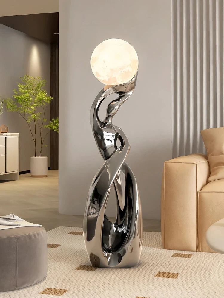 Large luminous sculpture for living room by MC THE BLACK DIAMOND, modern art statue with glowing, abstract design.