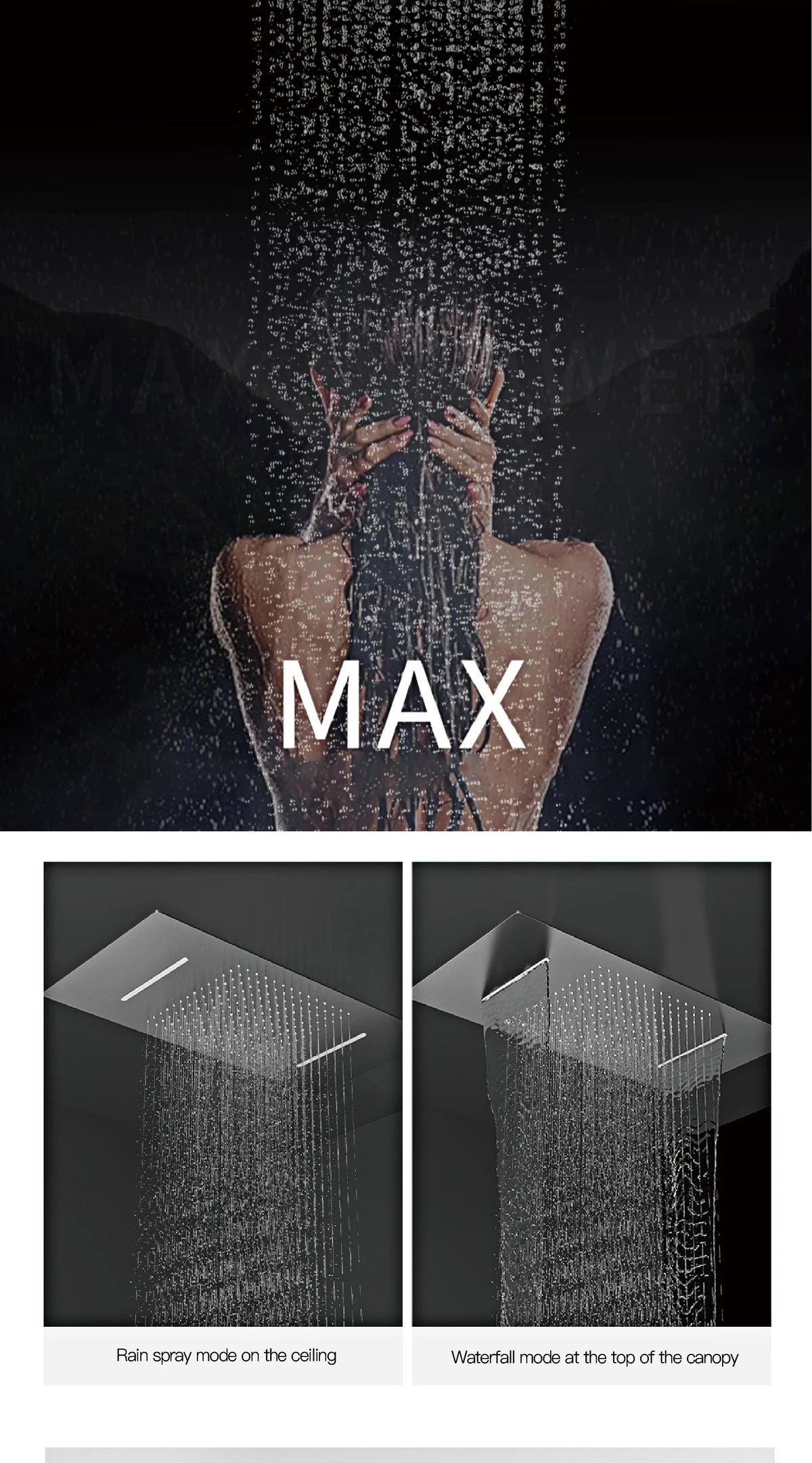 MC THE BLACK DIAMOND shower system with embedded ceiling-mounted bath mixer for hot and cold water control.