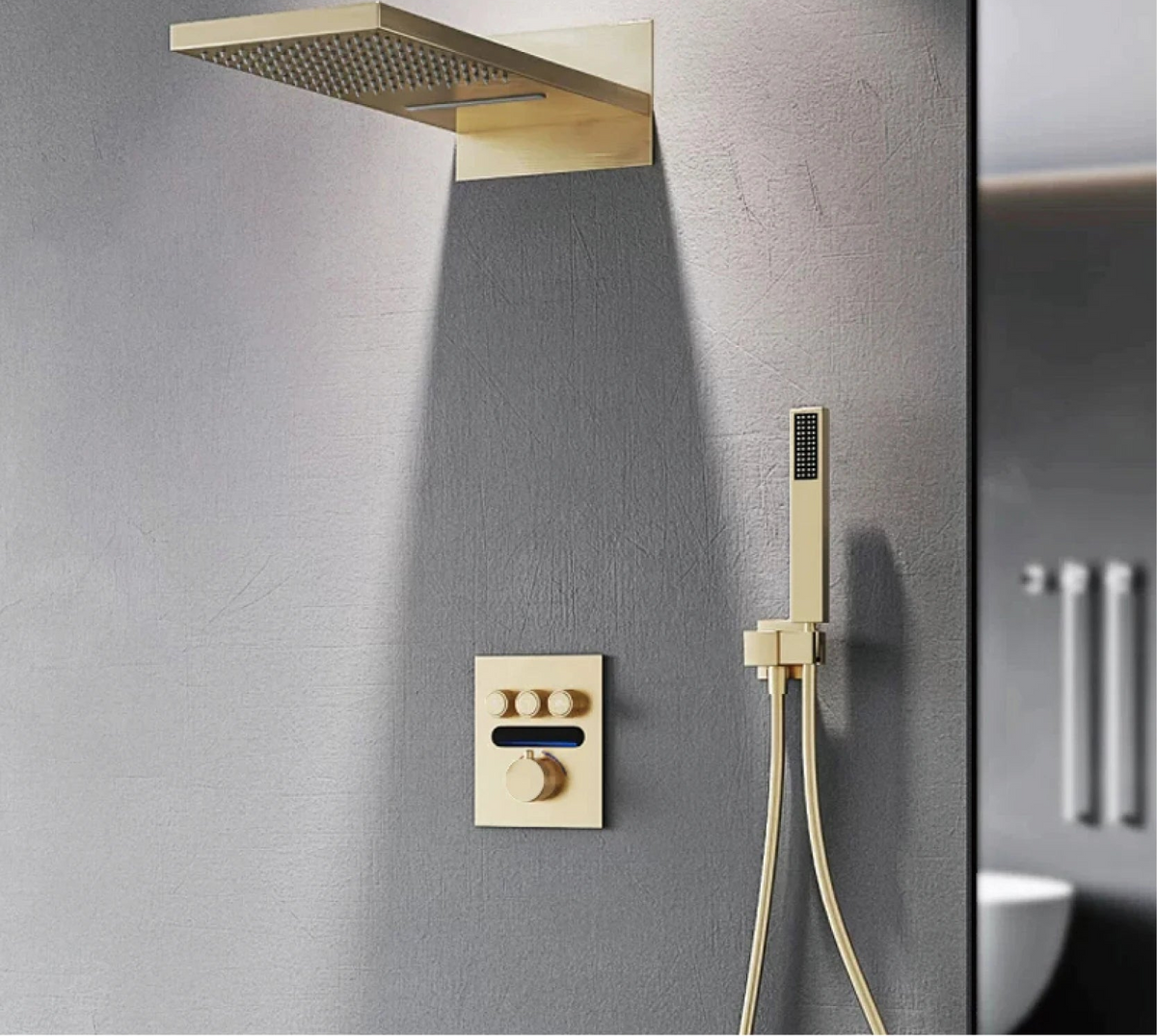 MC THE BLACK DIAMOND shower system with ceiling-mounted bath mixer for hot and cold water, modern bathroom fixture.