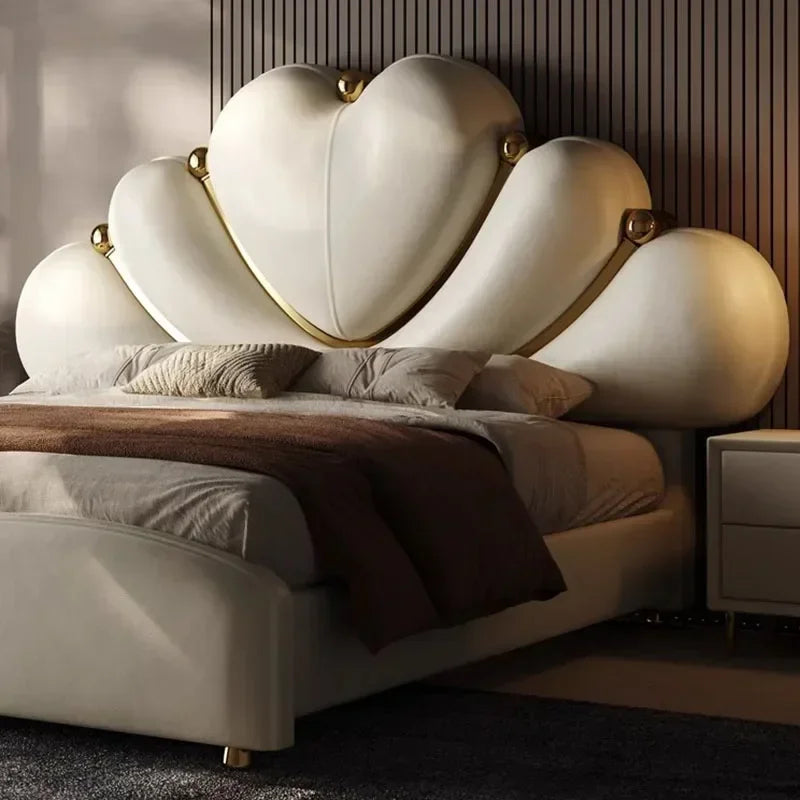 White waterproof Nordic aesthetic double bed headboard and frame by MC THE BLACK DIAMOND, European queen size luxury bedroom furniture.