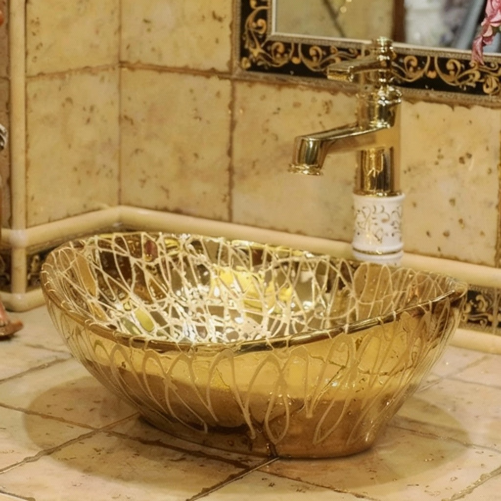 Oval ceramic wash basin by MC THE BLACK DIAMOND, stylish vessel sink for bathroom decor.