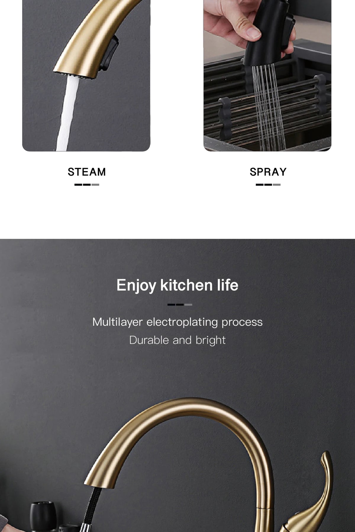 MC THE BLACK DIAMOND dual-spray pull-out kitchen faucet with modern design and chrome finish, showing the faucet's spout and spray head.