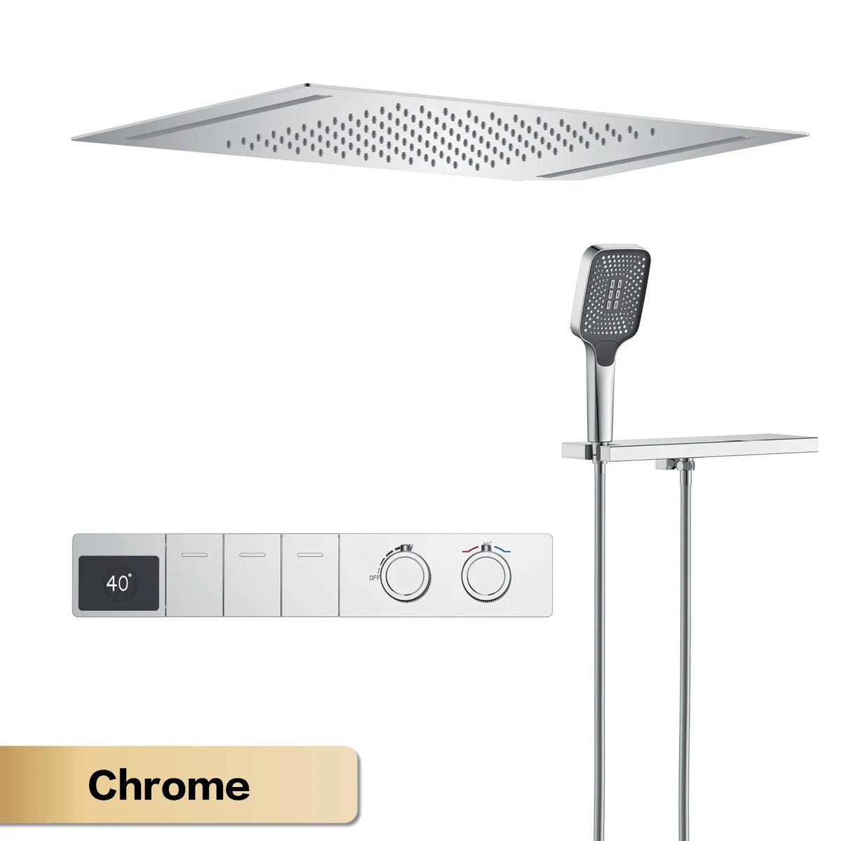 MC THE BLACK DIAMOND LED digital display shower system with hot and cold water faucet embedded in bathroom fixtures.
