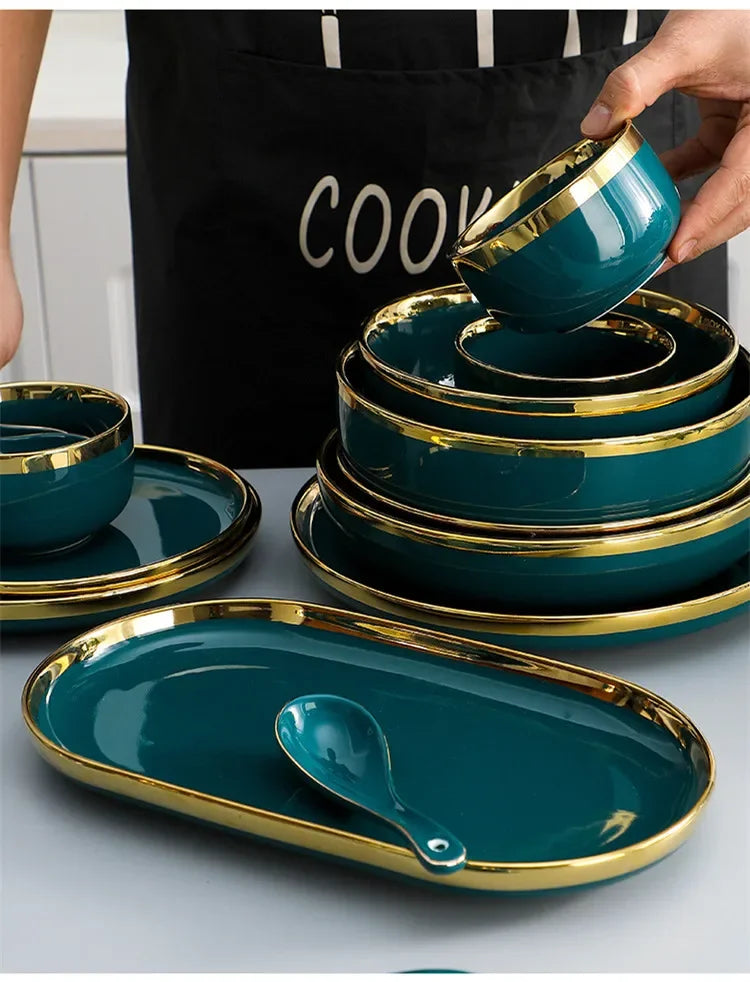Green ceramic dinnerware set by MC THE BLACK DIAMOND, includes plates and bowls, perfect for family meals.