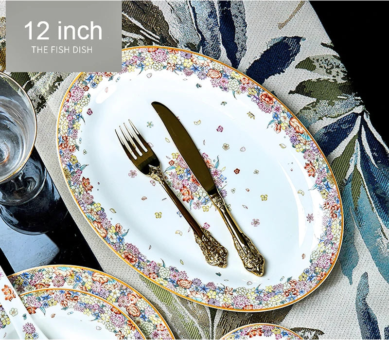 Family size MC THE BLACK DIAMOND dinnerware set with star design, includes plates, bowls, and mugs arranged on a table.