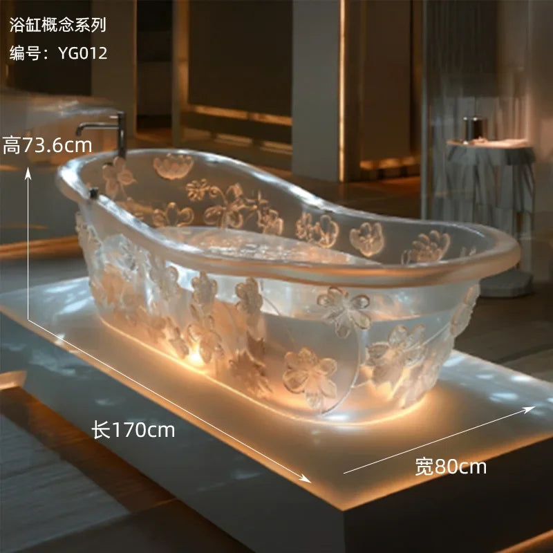 Transparent freestanding bathtub by MC THE BLACK DIAMOND, featuring a crystal-clear resin design and modern corrugated exterior.
