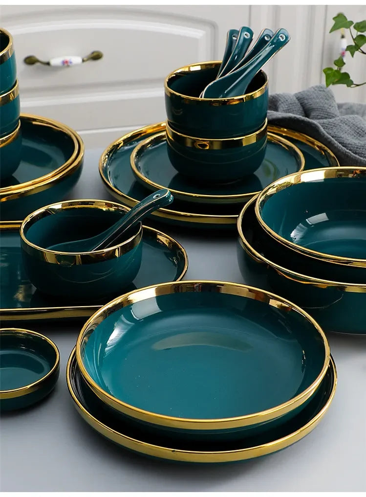 Green ceramic dinnerware set by MC THE BLACK DIAMOND, includes plates and bowls for family dining, stylish and durable.