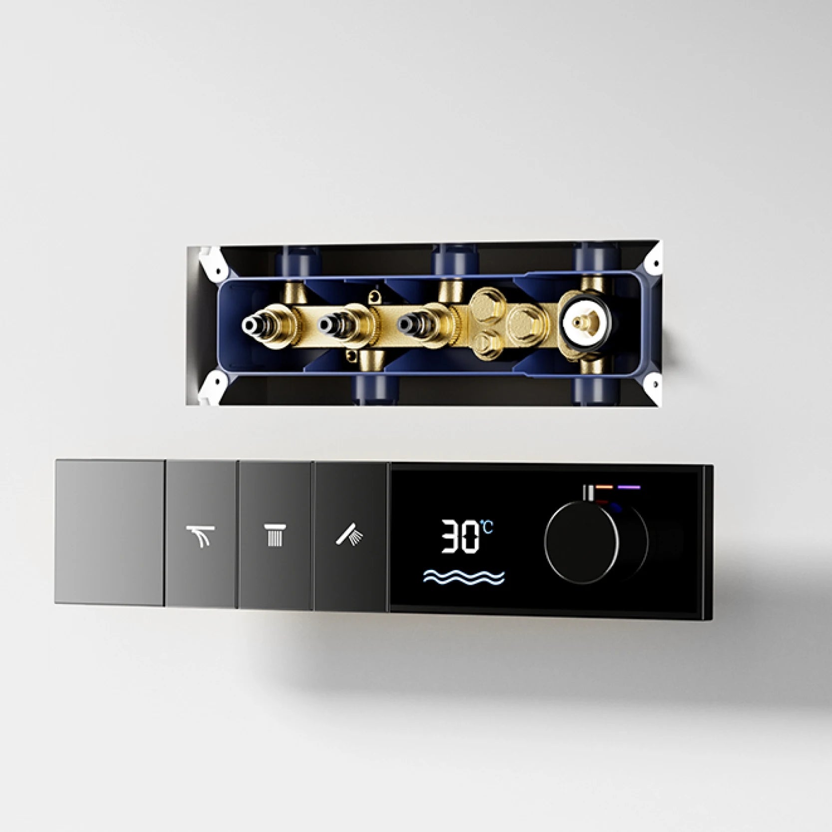 LED digital display shower system with three spray modes by MC THE BLACK DIAMOND, showing modern showerhead and controls.