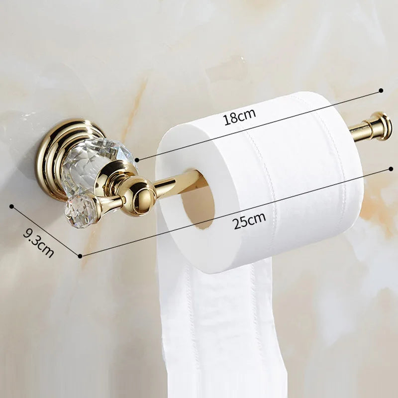 Luxury gold polished brass bathroom accessories set, including soap dispenser, toothbrush holder, and tumbler, by MC THE BLACK DIAMOND