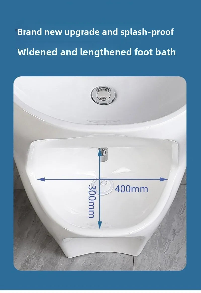 Ceramic wall-mounted Wudu basin with pedestal design, floor-standing Muslim foot wash basin by MC THE BLACK DIAMOND