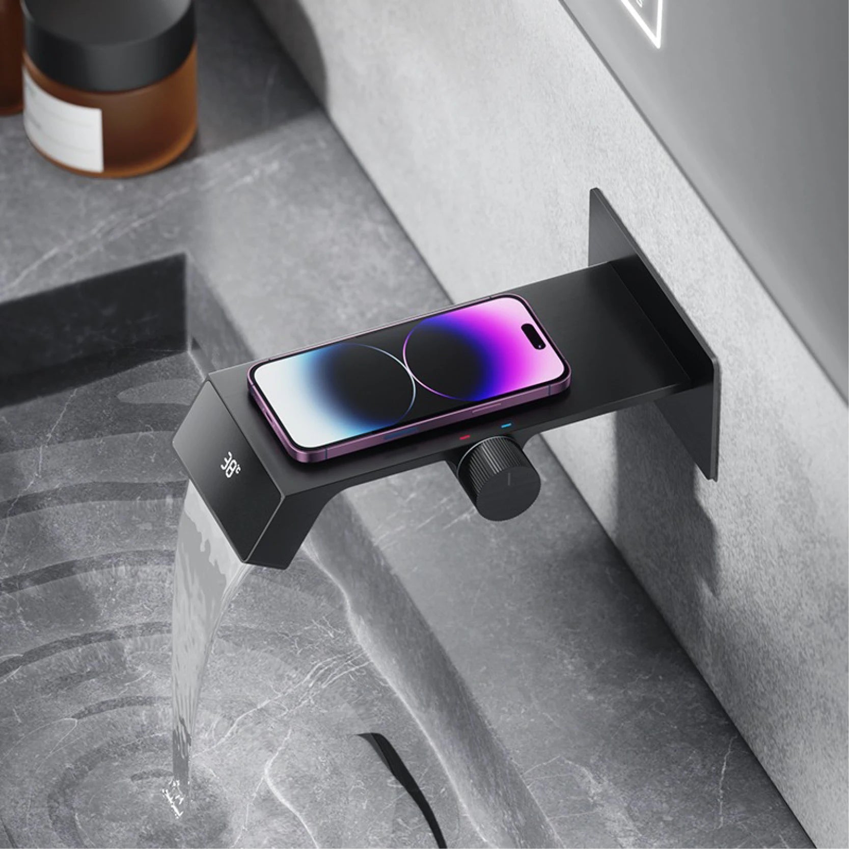 Luxury gray brass bathroom sink faucet with LED digital display by MC THE BLACK DIAMOND, showcasing modern design and sleek finish.