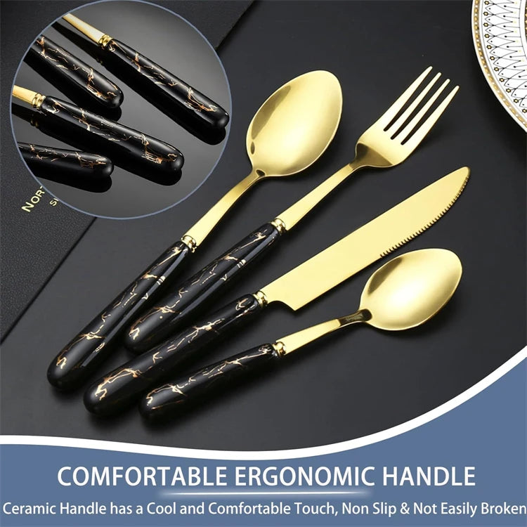 Stainless steel flatware set with knives, forks, and spoons from MC THE BLACK DIAMOND, arranged on a white background.