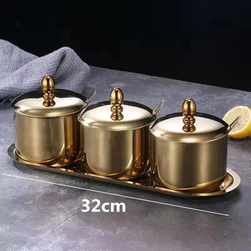 Golden Seasoning box with glass cap and spoon, kitchen tool by MC THE BLACK DIAMOND for flavoring and seasoning storage