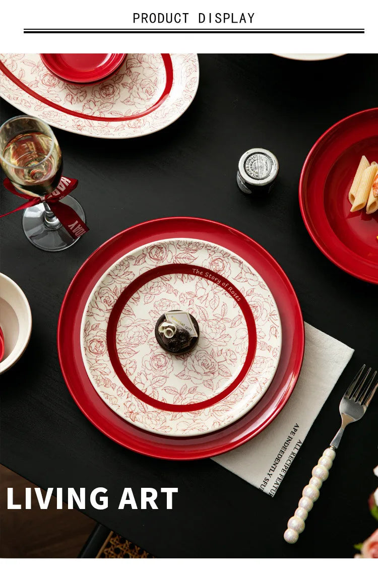Red retro ceramic dinnerware set by MC THE BLACK DIAMOND featuring luxurious porcelain plates and bowls for elegant dining.