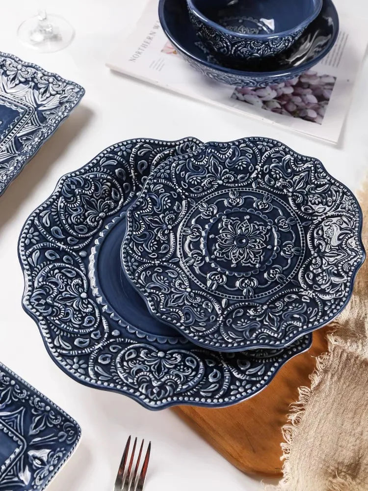 Blue retro relief ceramic dinnerware set by MC THE BLACK DIAMOND, featuring stylish ceramic plates and bowls for table use.