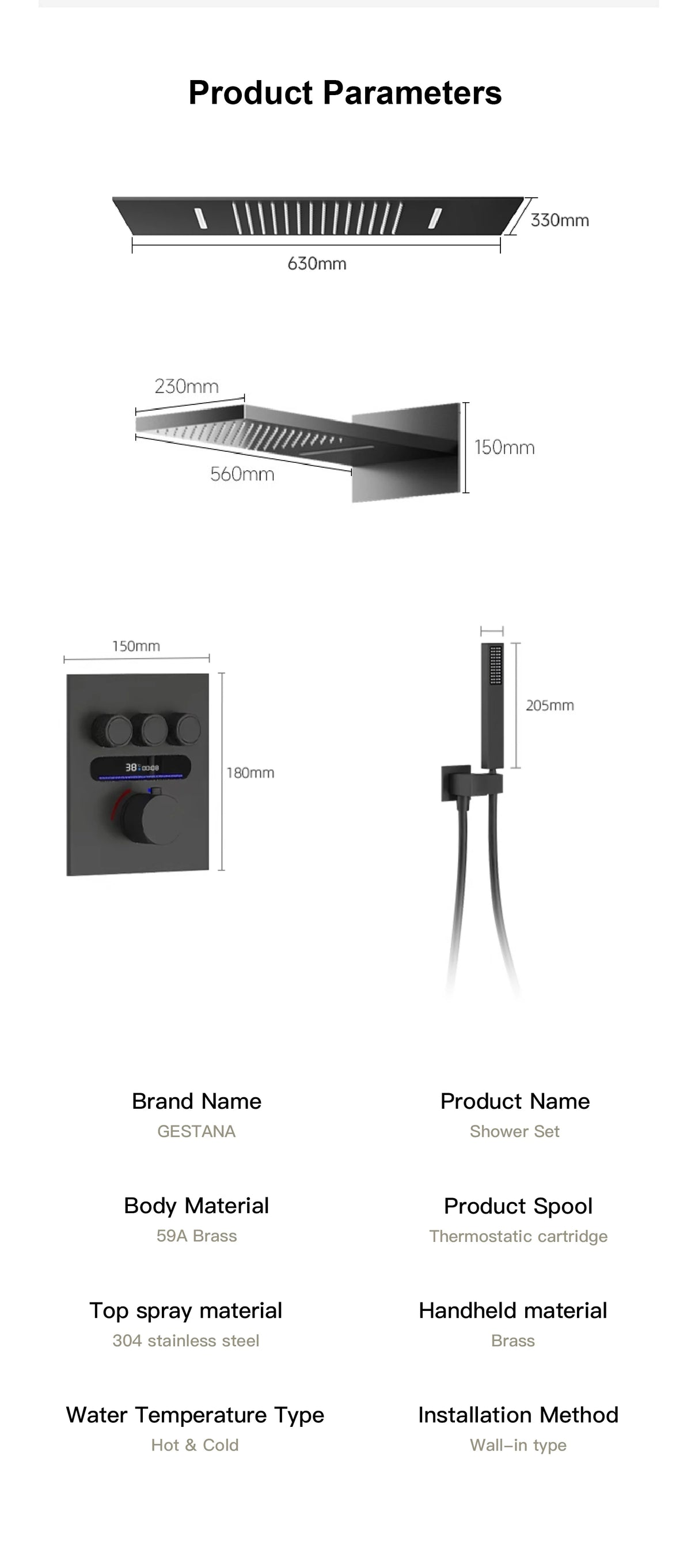 MC THE BLACK DIAMOND shower system with ceiling-embedded bath mixer for hot and cold water, modern bathroom fixture