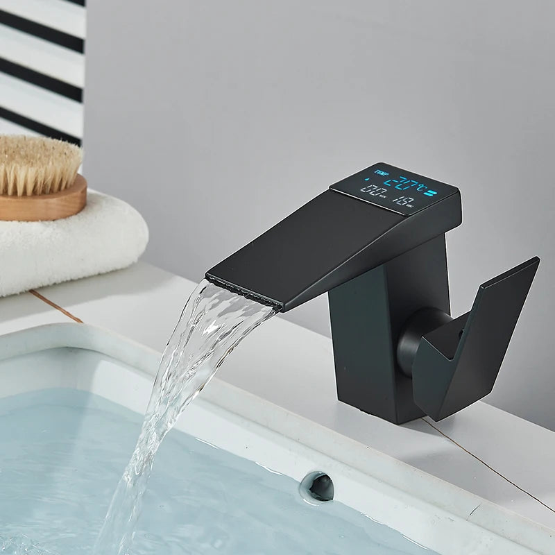 MC THE BLACK DIAMOND LED washbasin waterfall tap with deck mixer for bathroom sink, featuring modern water flow design.