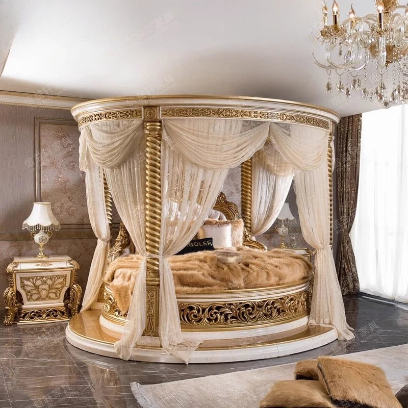 European luxury round four-poster bed by 𝕄𝕮 𝕋𝕙𝕖 𝔹𝕝𝕒𝕔𝕜 𝔻𝕚𝕒𝕞𝕠𝕟