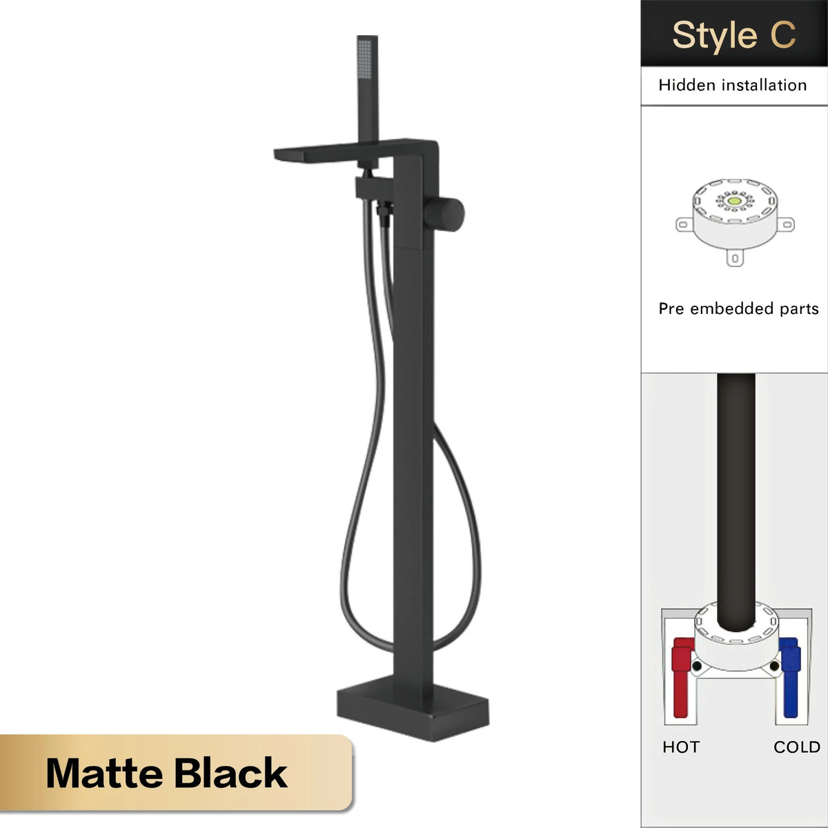 MC The Black Diamond hot and cold water embedded bathtub mixer faucet with sleek design for bath and shower use.