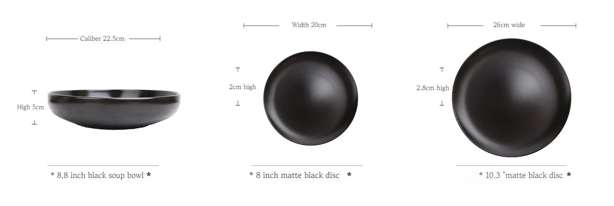 Deep black MC THE BLACK DIAMOND family dinner set with plates and bowls, elegant dinnerware for family meals.
