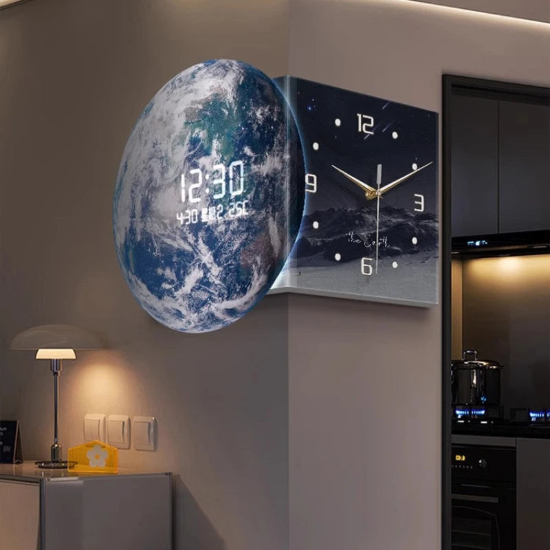 Earth double-sided corner LED wall clock by MC THE BLACK DIAMOND, showing illuminated clock faces on a corner wall.
