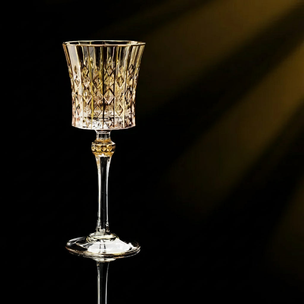Gold crystal glass red cup from MC THE BLACK DIAMOND drinkware set, featuring a clear glass design with a vibrant red accent.