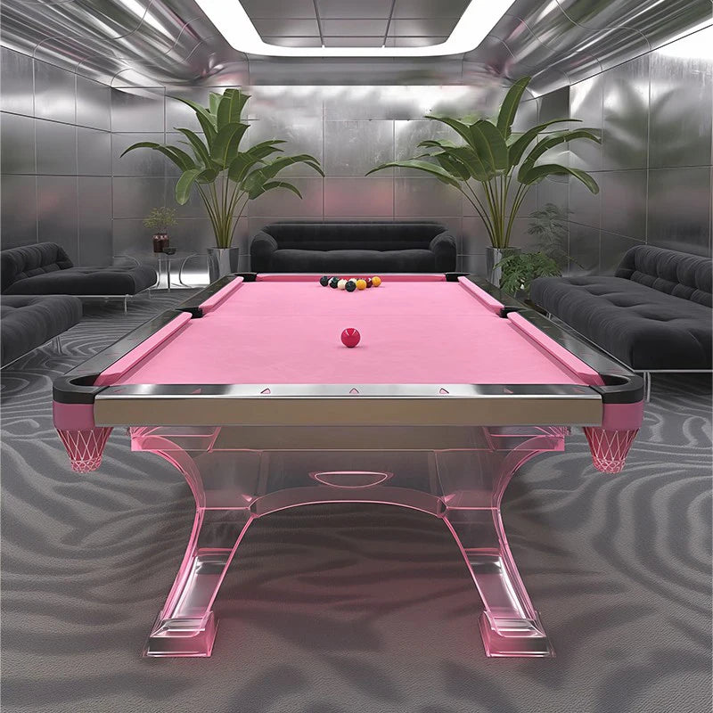 Pink acrylic luxury billiard table by MC THE BLACK DIAMOND, modern home entertainment billiard table with sleek design.