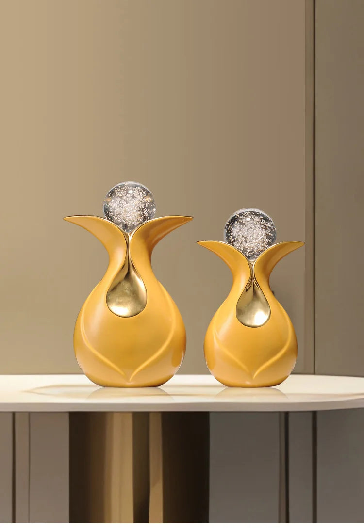 Modern art ceramic figurines with crystal ball, Feng Shui decor by MC THE BLACK DIAMOND, featuring intricate design and decorative details.
