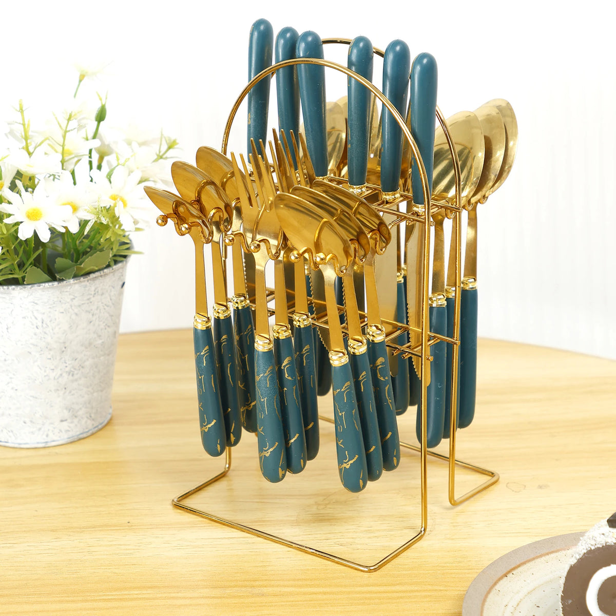 Stainless steel flatware set with holder by MC THE BLACK DIAMOND, includes knives, forks, spoons, and a convenient storage stand.