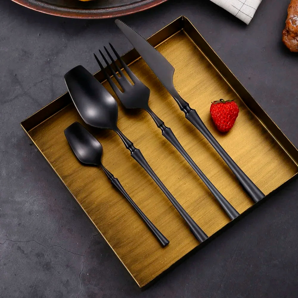 Matte stainless steel dinnerware set with black, gold, and silver finishes from 𝕄𝕔 𝕋𝕙𝕖 𝔹𝕝𝕒𝕔𝕜 𝔻𝕚𝕒�