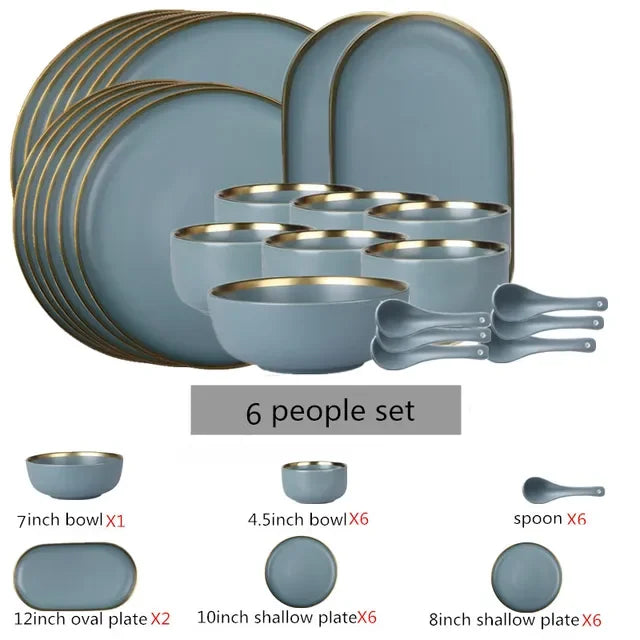 Matte ceramic tableware set with cereal bowls, dessert plates, and steak plates from 𝕄𝕔 𝕋𝕙𝕖 𝔹𝕝𝕒𝕔𝕜 𝔻𝕚𝕒