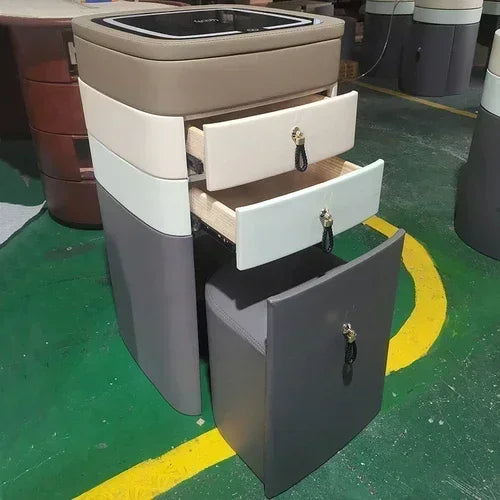 Modern makeup vanity with storage drawer, luxury mirror, and stool by MC THE BLACK DIAMOND, featuring sleek design and elegant finish.