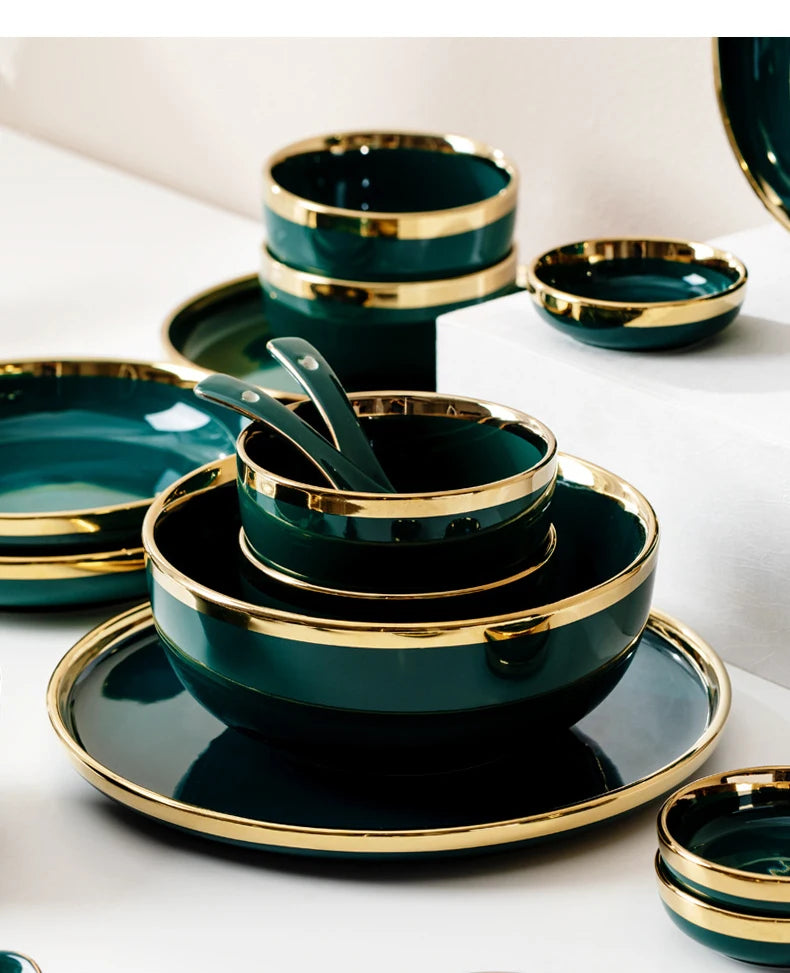 Dark green ceramic cutlery bowls set with gold-plated accents, including rice bowls and dishes, from 𝕄𝕔 𝕋𝕙𝕖 𝔹𝕝𝕒𝕔𝕜 𝔻𝕚