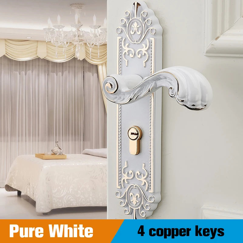 Ivory white gold door lock with keys and handle, secure home decor by MC THE BLACK DIAMOND, close-up view of the lock and key mechanism.