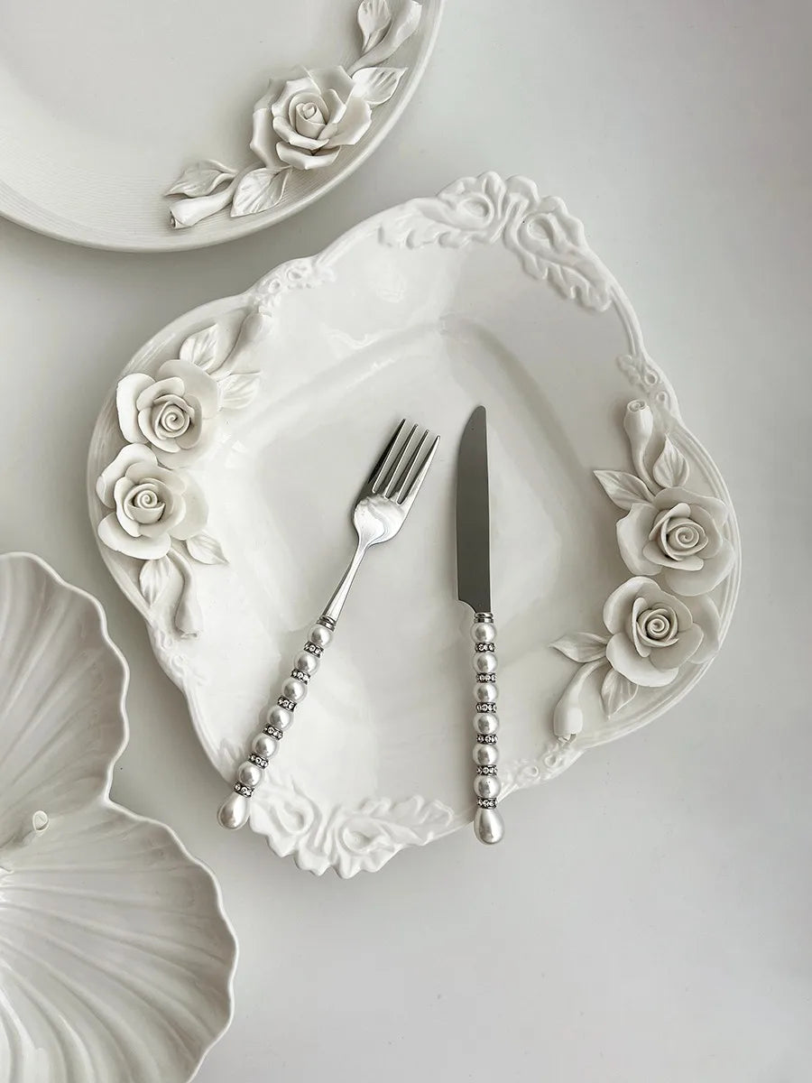 European Relief hand-held flower bowl, ceramic plate, cup, and tableware set by 𝕄𝕔 𝕋𝕙𝕖 𝔹𝕝𝕒𝕔𝕜 𝔻𝕚𝕒