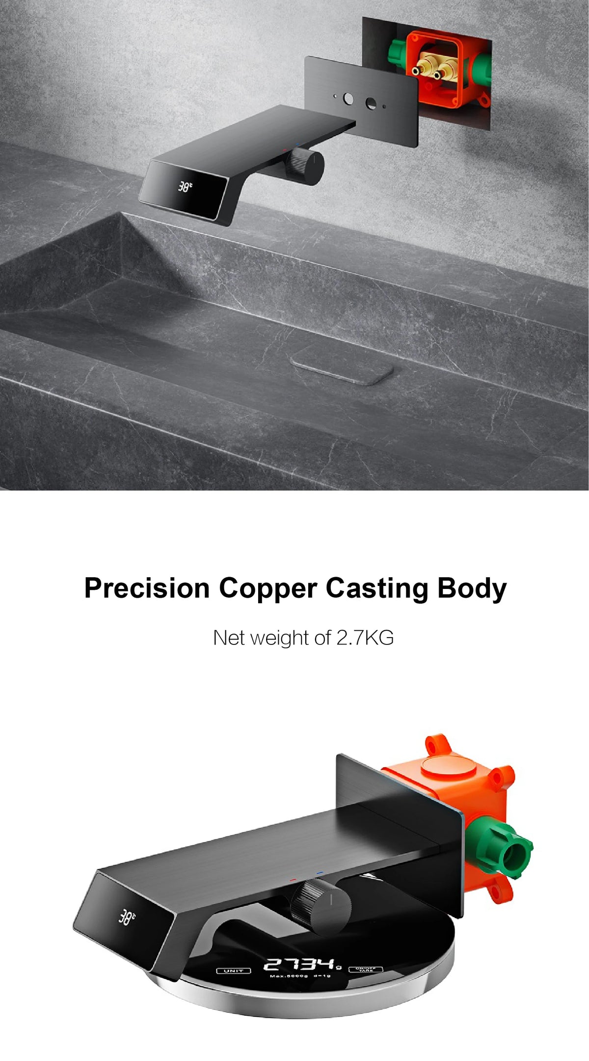Luxury MC THE BLACK DIAMOND gray brass bathroom faucet with LED digital display and modern bath sink faucet design.