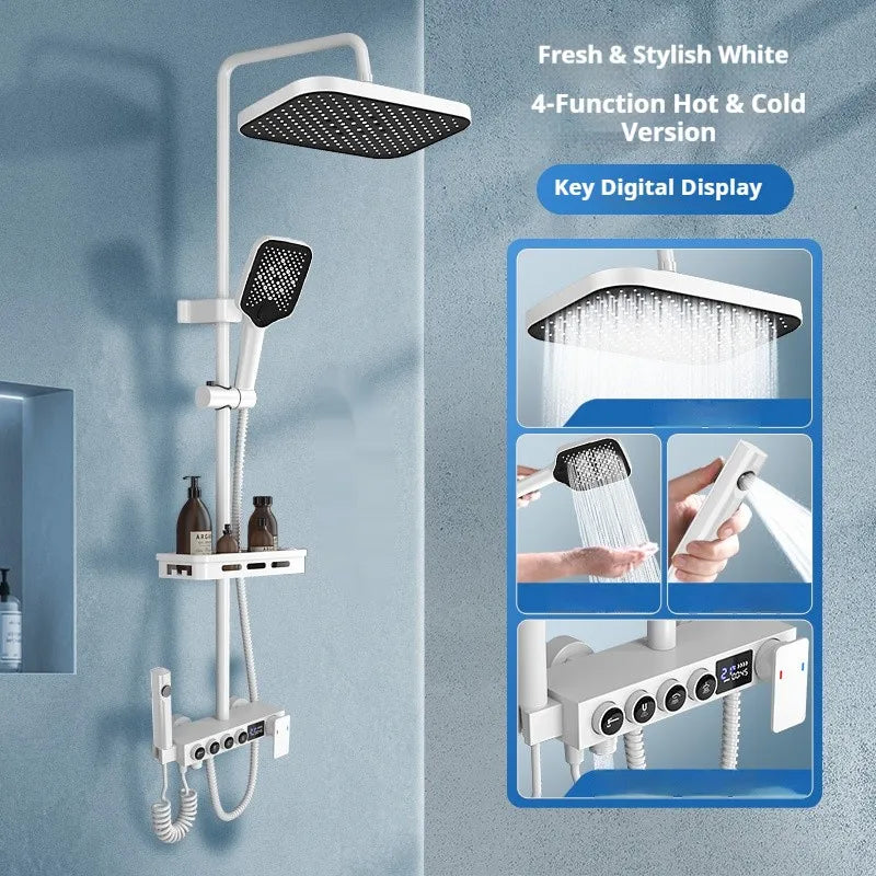 Modern MC THE BLACK DIAMOND multi-function shower system with overhead rain shower and handheld shower head.