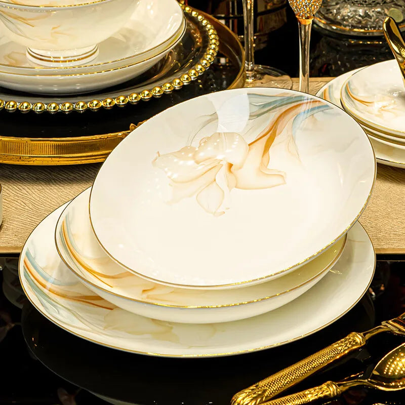 Elegant MC THE BLACK DIAMOND luxury dinnerware set with high-quality plates and bowls arranged on a stylish table.