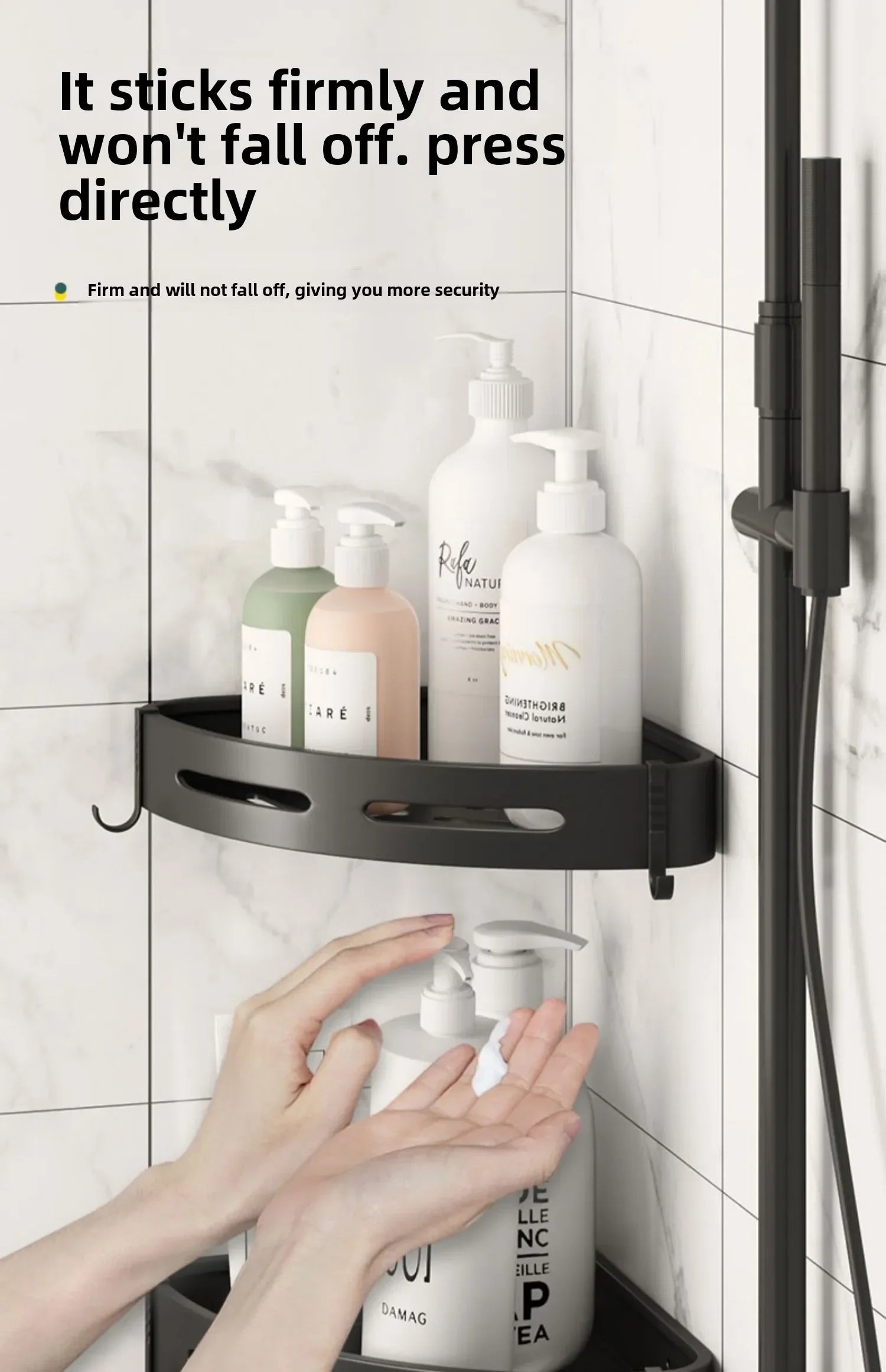 MC Diamond No-Drill Shower Caddy and bathroom organizer with multiple shelves for shampoo, soap, and toiletries in a modern bath setting.