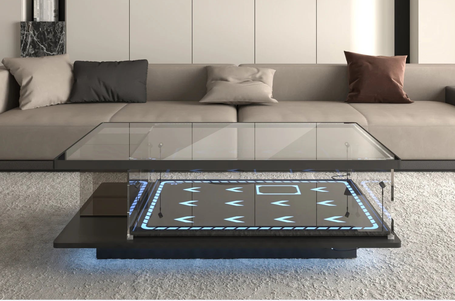 Modern acrylic display box for living room coffee table by MC THE BLACK DIAMOND, showcasing household storage and building block model dust cover.