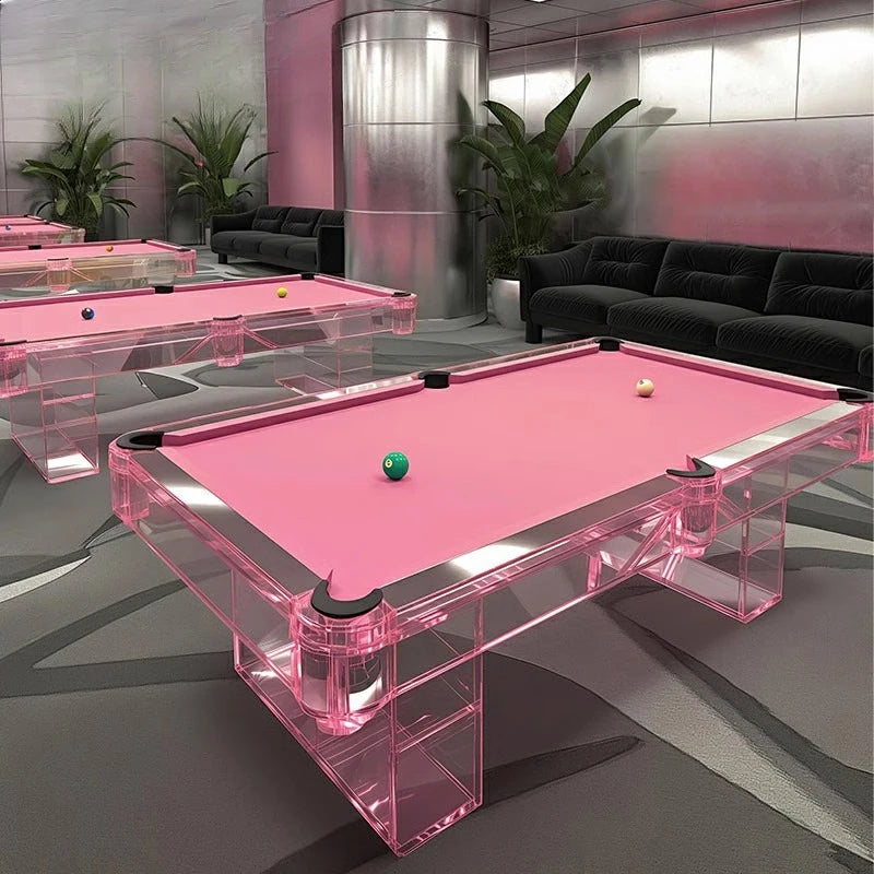 Pink acrylic billiard table by MC THE BLACK DIAMOND, modern luxury home entertainment billiard table with sleek designer style.