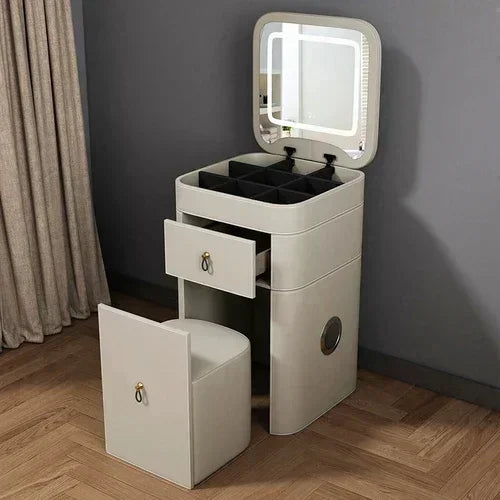 Modern MC THE BLACK DIAMOND makeup vanity with storage drawer, luxurious mirror, and stool, designed for elegant makeup organization.