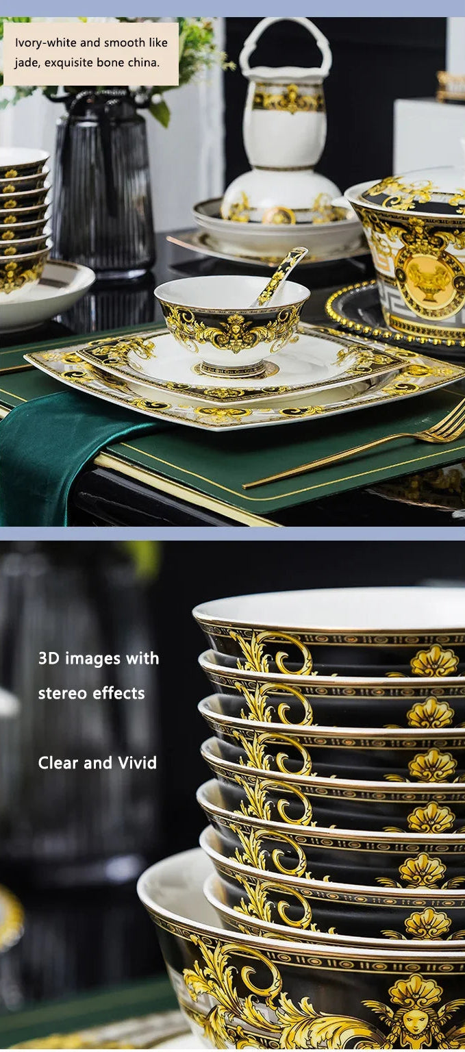 Ceramic dinnerware set by MC THE BLACK DIAMOND featuring plates, bowls, and cups arranged on a table for serving meals.