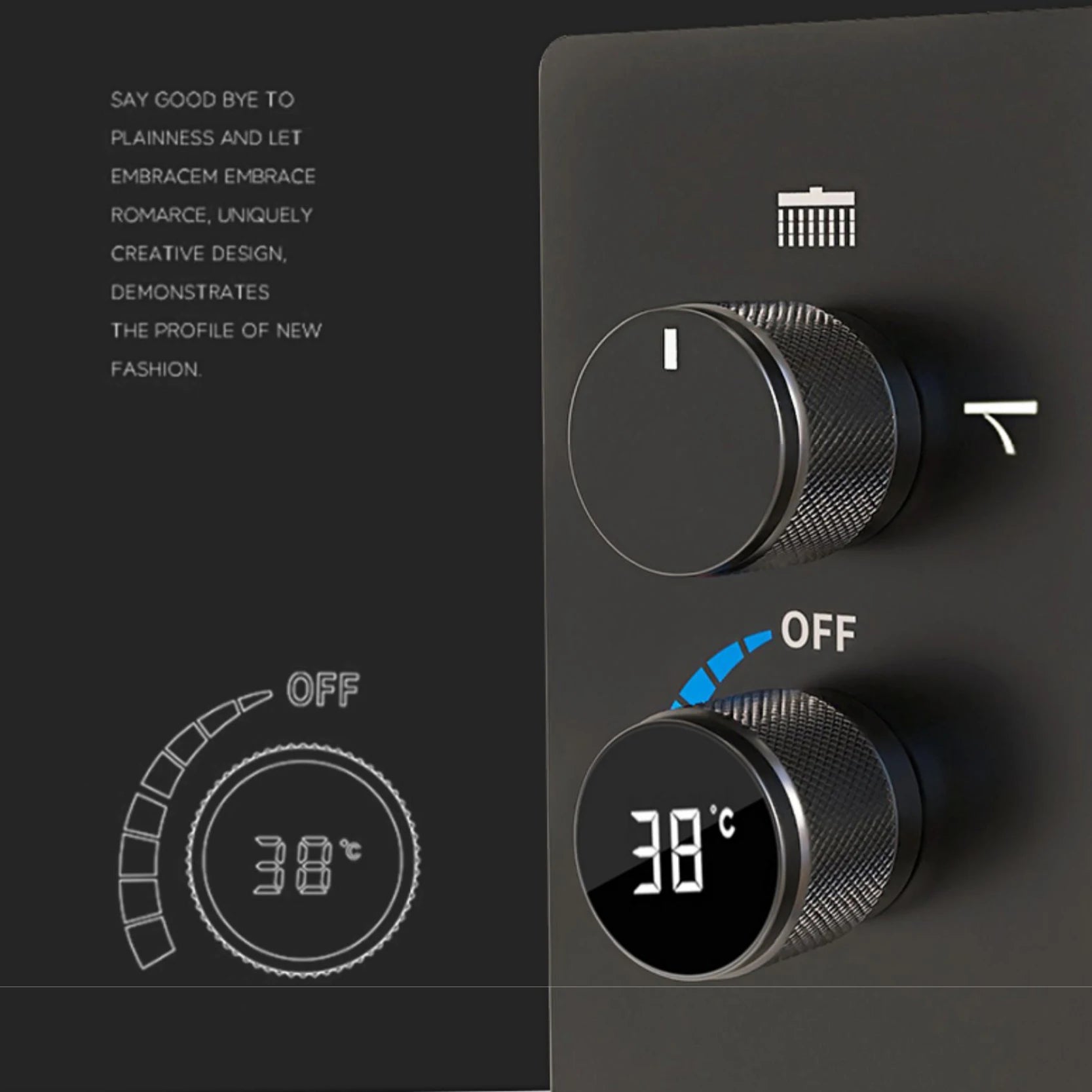 MC THE BLACK DIAMOND LED digital display shower system with dual control for hot and cold water in a modern bathroom setting