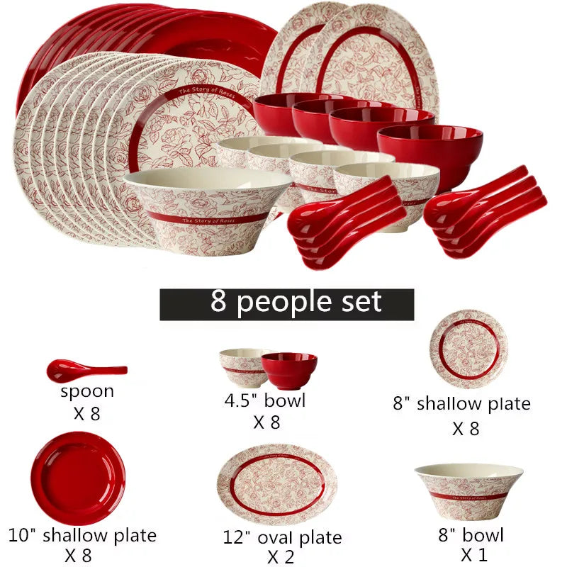 Red retro ceramic dinnerware set by MC THE BLACK DIAMOND featuring luxurious porcelain plates and bowls for elegant dining.