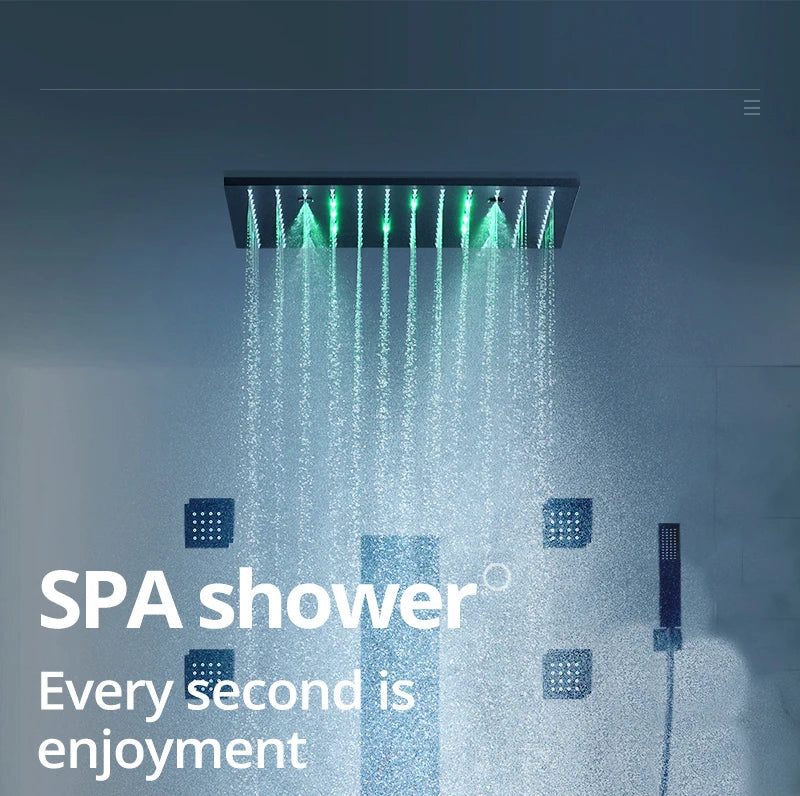 MC THE BLACK DIAMOND LED shower head set with side massage jets and constant temperature valve mixer for a luxurious shower experience.